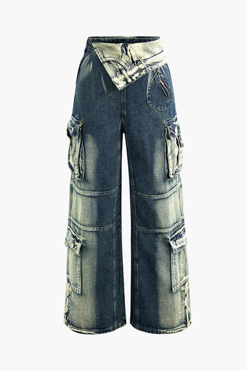 Distressed Faded Foldover Waist Wide Leg Cargo Jeans