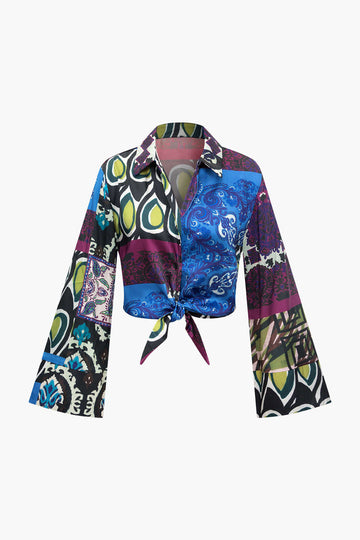 Printed Patchwork Flare Sleeve Button Up Shirt