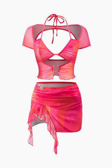 Ombre Halter Tie Cut Out Top And Ruffle Mini Skirt Set