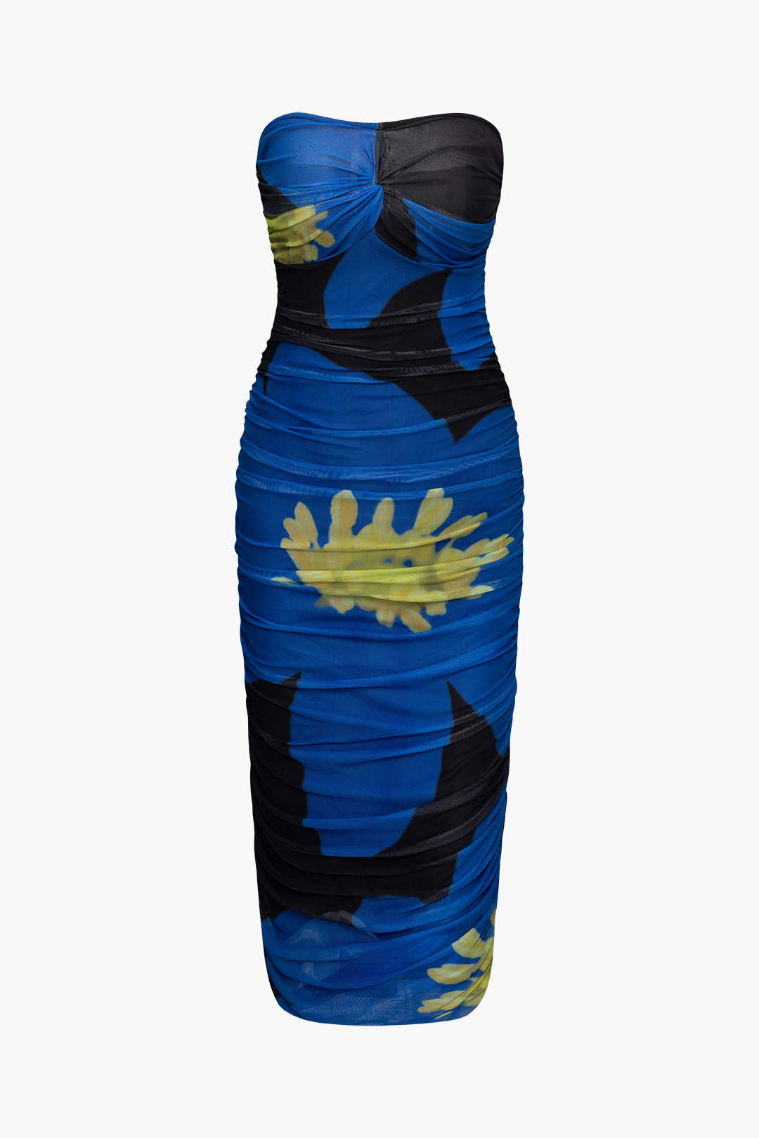 Printed Mesh Ruched Strapless Maxi Dress